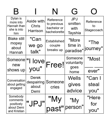 Bachelor in Paradise Bingo Card