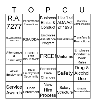 EMPLOYMENT Bingo Card