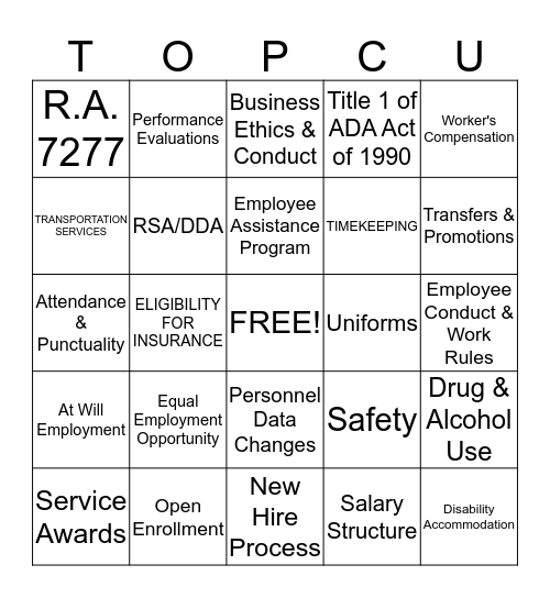 EMPLOYMENT Bingo Card