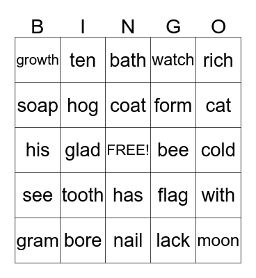 Ending Sound Bingo Card