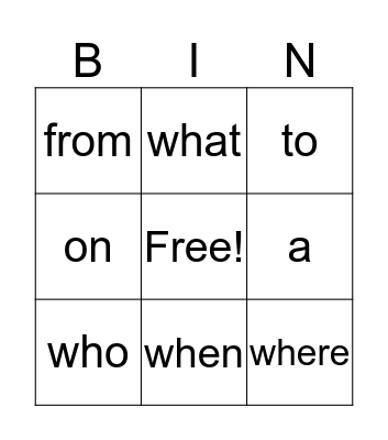 Sight Words Bingo Card