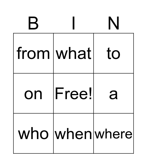 Sight Words Bingo Card