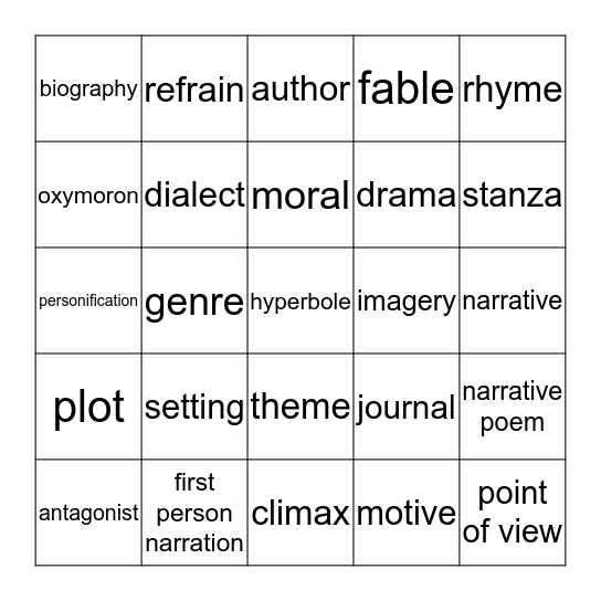 Literary Terms Bingo Card