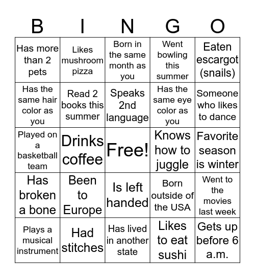 FiND SoMEone Bingo Card