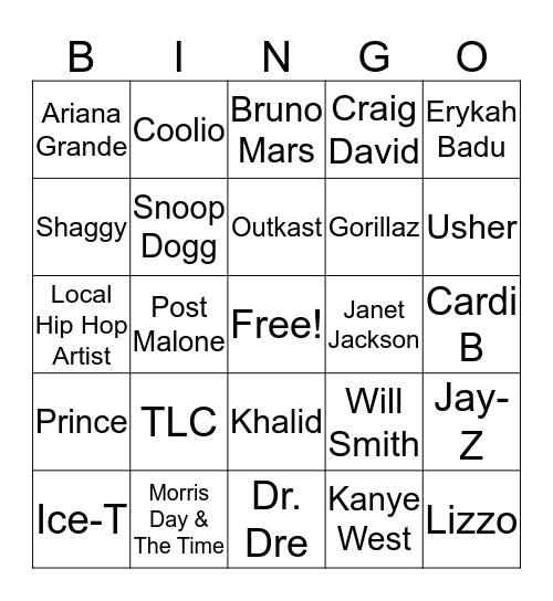 Big Boy Karaoke: Hip Hop/R&B Bingo Card