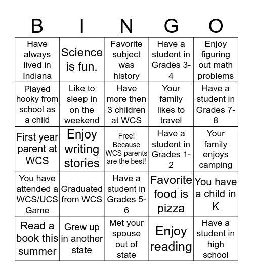 All About You, WCS Parents! Bingo Card