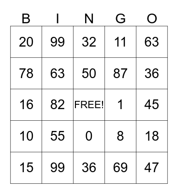 Addition / Subtraction Bingo Card
