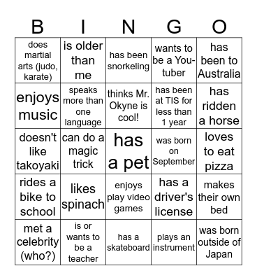 Getting to Know You! Bingo Card