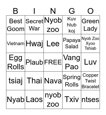 Lee Hmong New Year 2019 Bingo Card