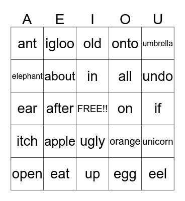 Words That Begin With Vowels Bingo Card