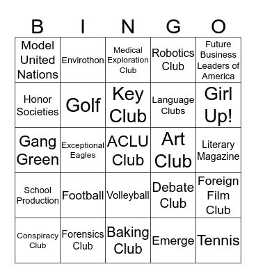 Jamestown's Extracurriculars Bingo Card