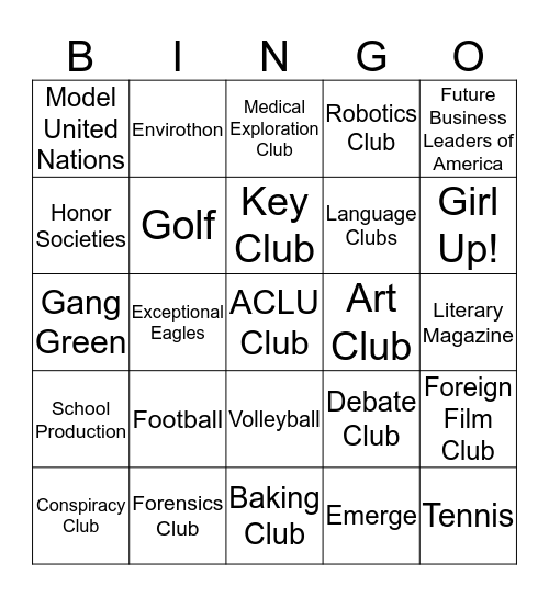 Jamestown's Extracurriculars Bingo Card