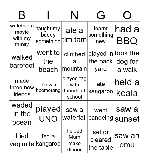 My experiences in Australia Bingo Card