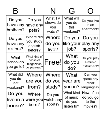 Home/Family, Job/Studies, and Free Time Activities Bingo Card