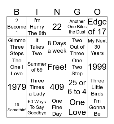 Songs With Numbers Bingo Card