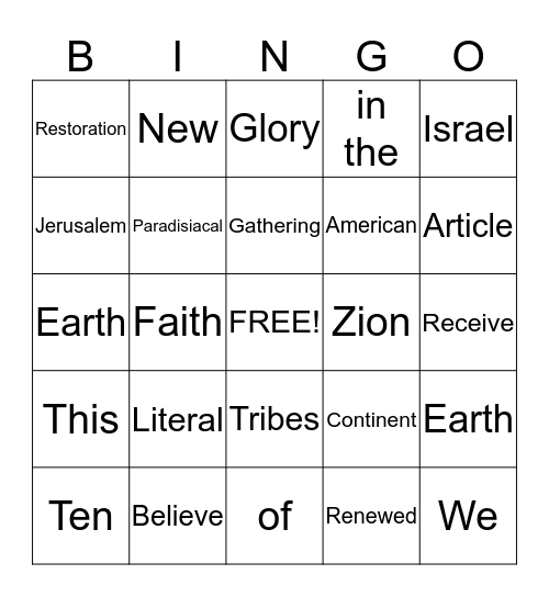 Tenth Article of Faith Bingo Card