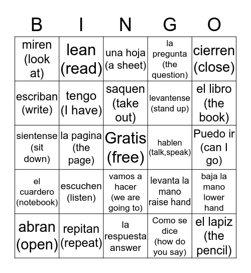 Frases Utiles Bingo Card