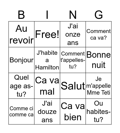 Les Salutations Bingo Card