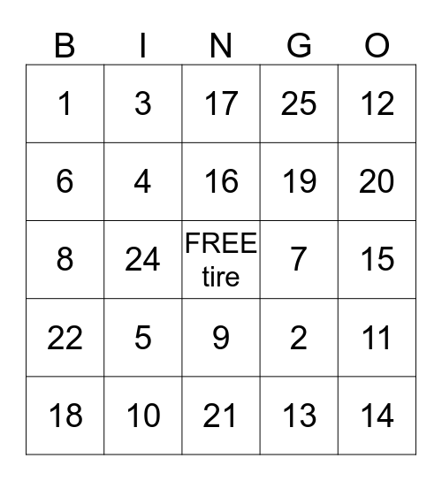 tire Bingo Card