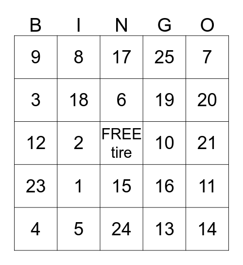 tire Bingo Card