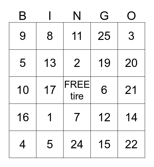 tire Bingo Card