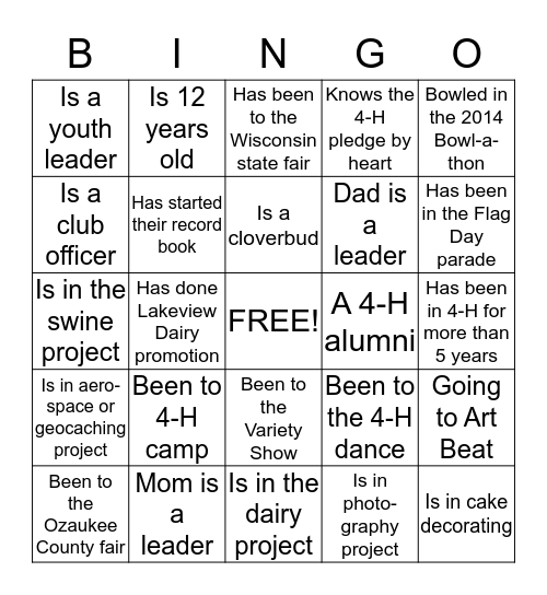 Lakeview 4-H BINGO Card