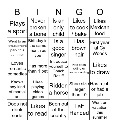 Classroom Bingo Card