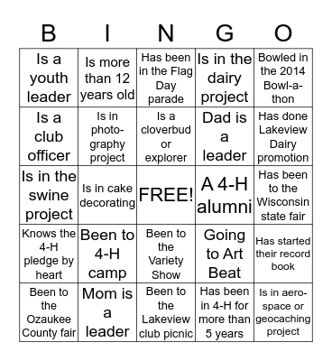 Lakeview 4-H BINGO Card