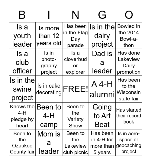 Lakeview 4-H BINGO Card