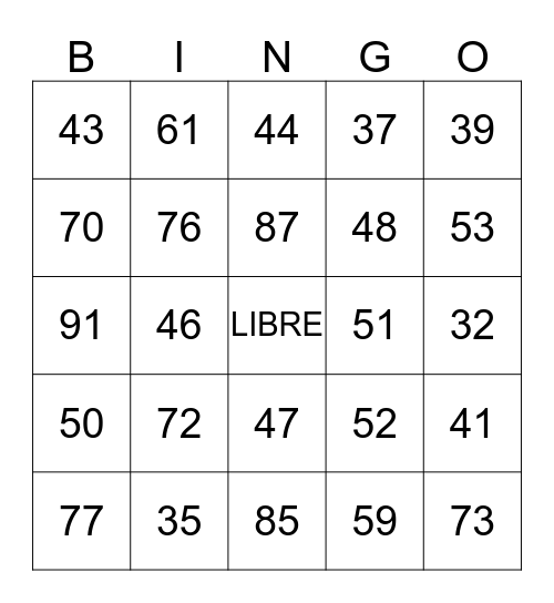LOTO (31-100) Bingo Card