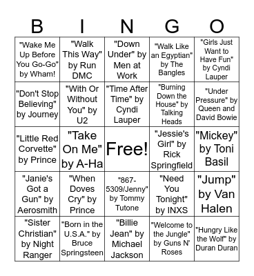 Bingo Singo - '80s Music Bingo Card