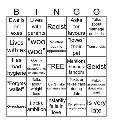 Bad Date Bingo Card