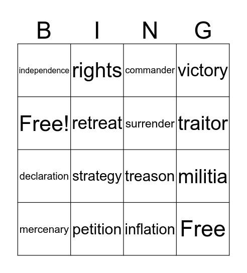 Revolutionary War Bingo Card