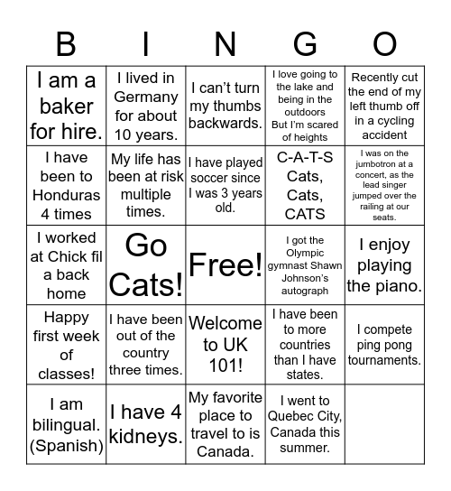 UK 101 Bingo Card