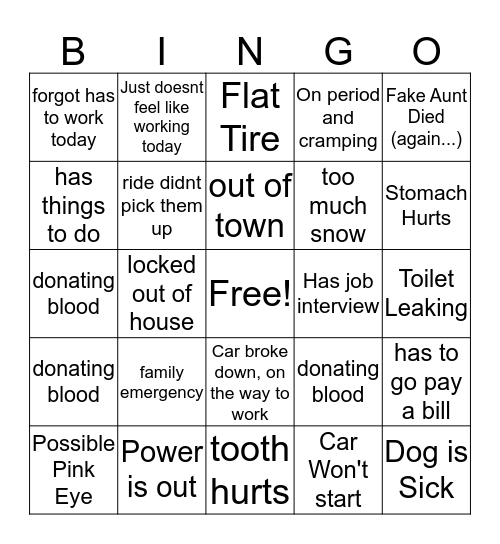 Work Absence Bingo Card