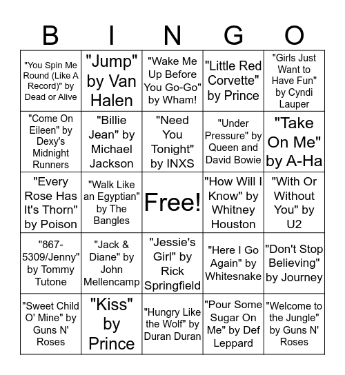 BINGO SINGO '80s Bingo Card