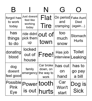 Work Absence Bingo Card
