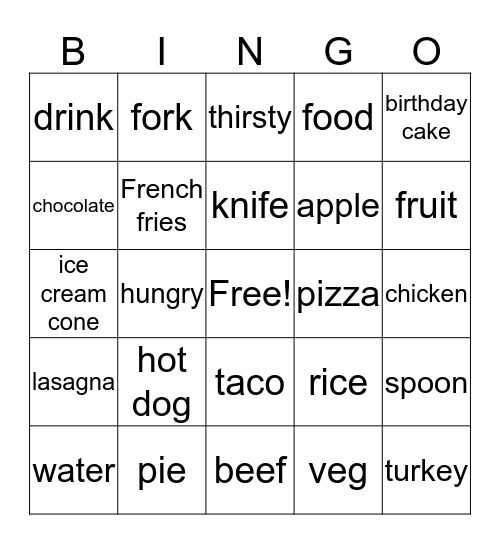 Food and Drink Bingo Card