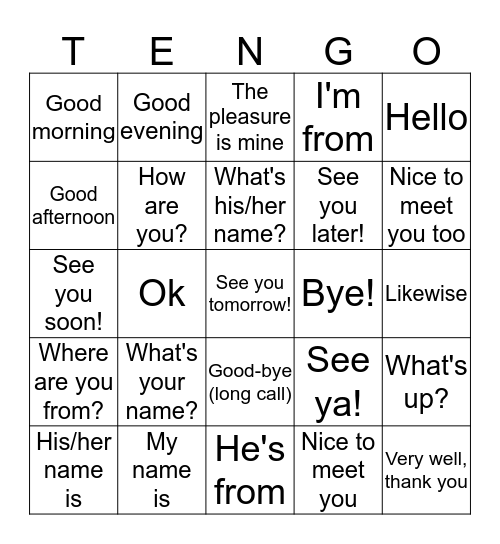 Spanish 1 U1: Greetings and Introductions Bingo Card