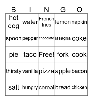 Eating Bingo Card
