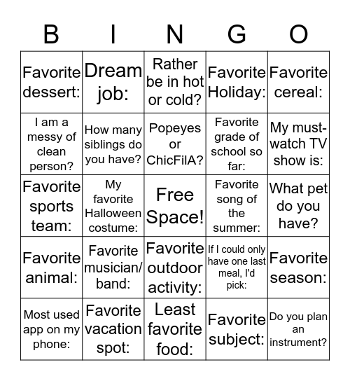 B&P Orientation Bingo! Bingo Card