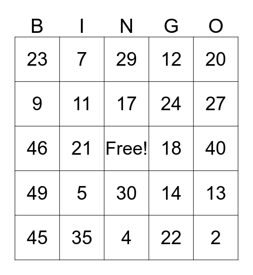 Mental Math Bingo! Bingo Card