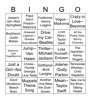 Glow Crazy Music Bingo Card