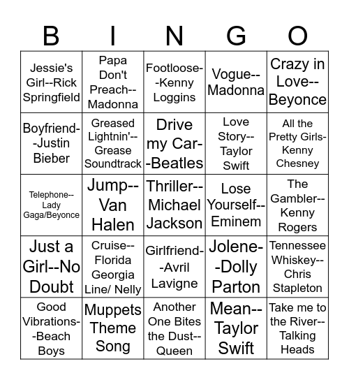 Glow Crazy Music Bingo Card