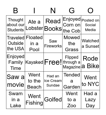 SUMMER TIME FUN BINGO Card