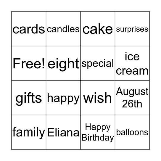 Eliana's Birthday! Bingo Card