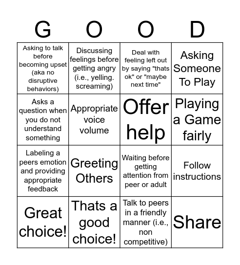 You have been caught being good! Bingo Card