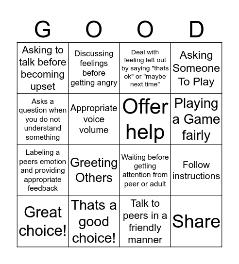 You have been caught being good! Bingo Card