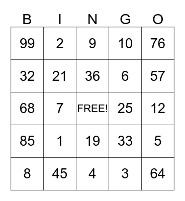 Number BINGO! Bingo Card