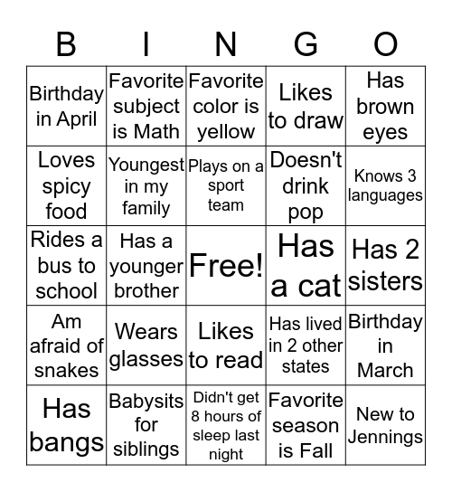 Getting to Know You Bingo Card